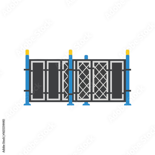 Blue and gray metal gate with decorative lattice pattern on white background.