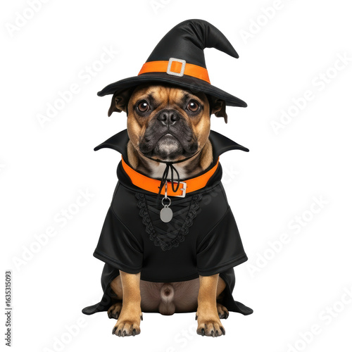A cute french bulldog dog sits wearing a black witch costume with an orange collar and hat, perfect for halloween celebrations.