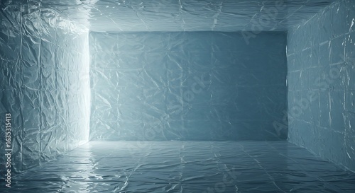 Empty room with transparent cellophane plastic foil texture on wall