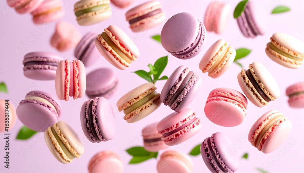 Elegant assortment of pastel macarons floating against a soft pink background