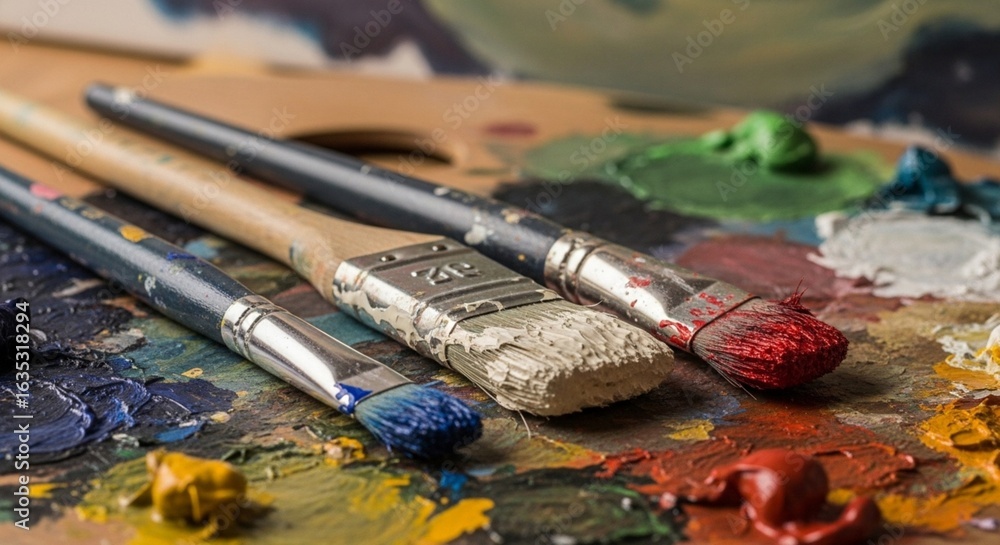 Obraz premium Artist's colorful palette with a variety of brushes for painting