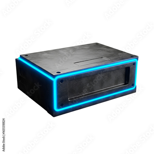 3D Render Of A Futuristic Electronic Box With Glowing Blue Edges Isolated on Black