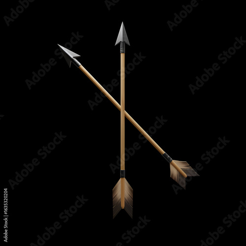 3D Render of Crossed Wooden Arrows Isolated on Black Background