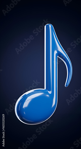 3D Render of a Glossy Blue Music Note Isolated on Dark Background