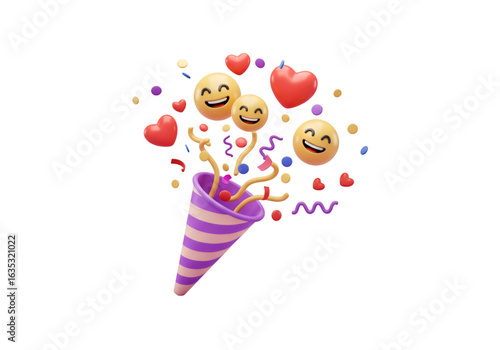3D Render Illustration of Emoji Hearts and Confetti Burst on Transparent Background