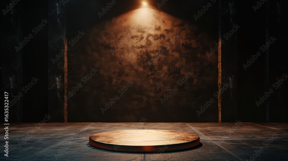 Fototapeta premium Circular platform illuminated by spotlight in dark, textured room creates dramatic atmosphere. surrounding walls are rough and shadowy, enhancing focus on platform