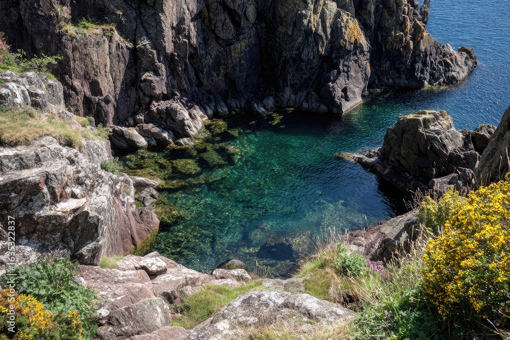 Naklejka premium Coastal rock pool, clear turquoise water, surrounded by dark grey and reddish rocks, and yellow wildflowers