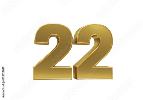 3D Render of Golden Number Twenty-Two Isolated on Transparent Background