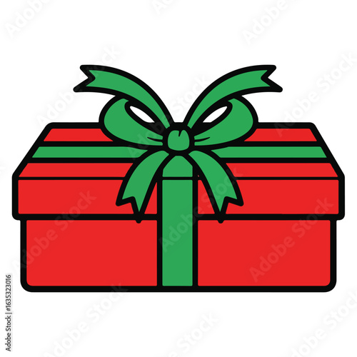 Red gift box with green ribbon and bow illustration