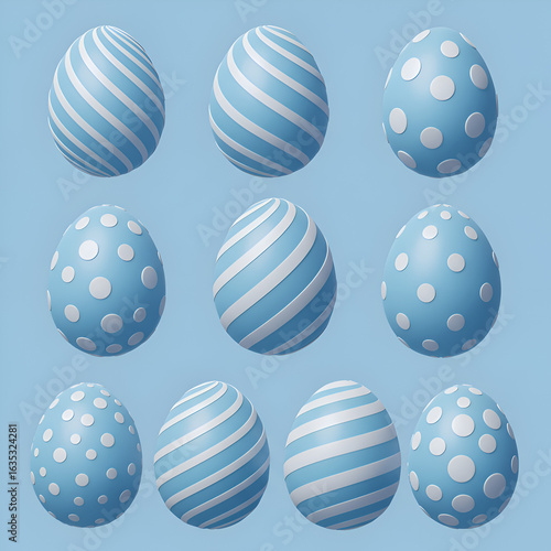 3D Render of Easter Eggs in Pastel Blue with White Stripes and Dots Background