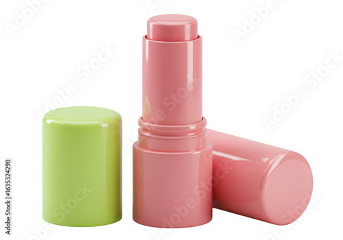 3D Render of Pink Lipstick with Green Cap Isolated on Transparent Background