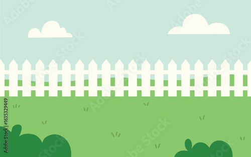 Green Field Landscape with White Picket Fence