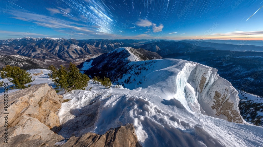 Fototapeta premium Snowy Mountain Star Trails - Winter Landscape Photography