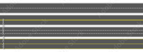 Top view road markings set. Highway lanes and race tracks set. Seamless straight street road pack. Town or city pavement asphalt repeated patten. Horizontal roadway drive stripes bundle. Vector
