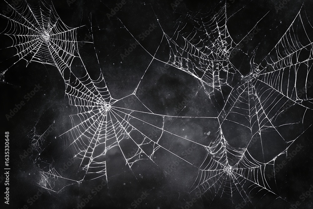 Several white spiderwebs on a dark, slightly textured background create a spooky scene, concept for Halloween decor, thematic party decorations and eerie backdrop visuals Several white spiderwebs on a dark, slightly textured background create a spooky scene, concept for Halloween decor, thematic party decorations and eerie backdrop visuals