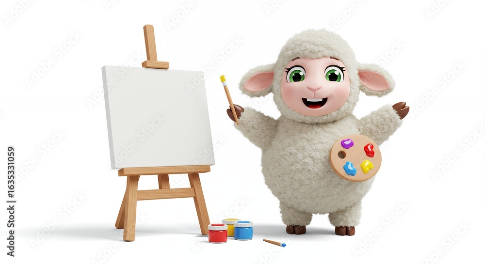 Naklejka premium Cartoon sheep artist with easel and paint supplies