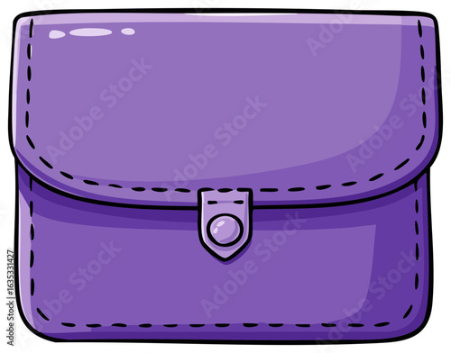 Vibrant purple cartoon style pouch illustration with a button flap and decorative stitching detail