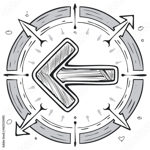 Compass direction with arrow pointing left, navigation illustration