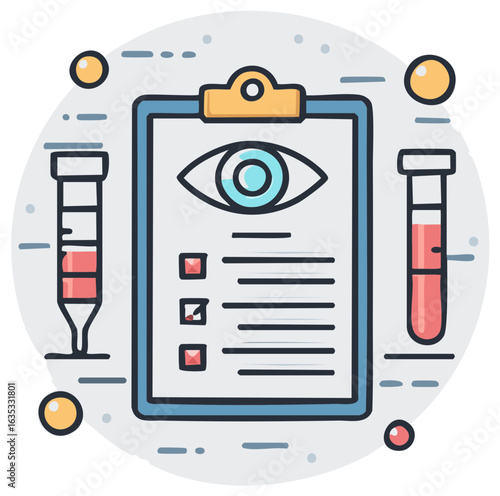 Medical clipboard with eye exam chart and laboratory test tubes illustration