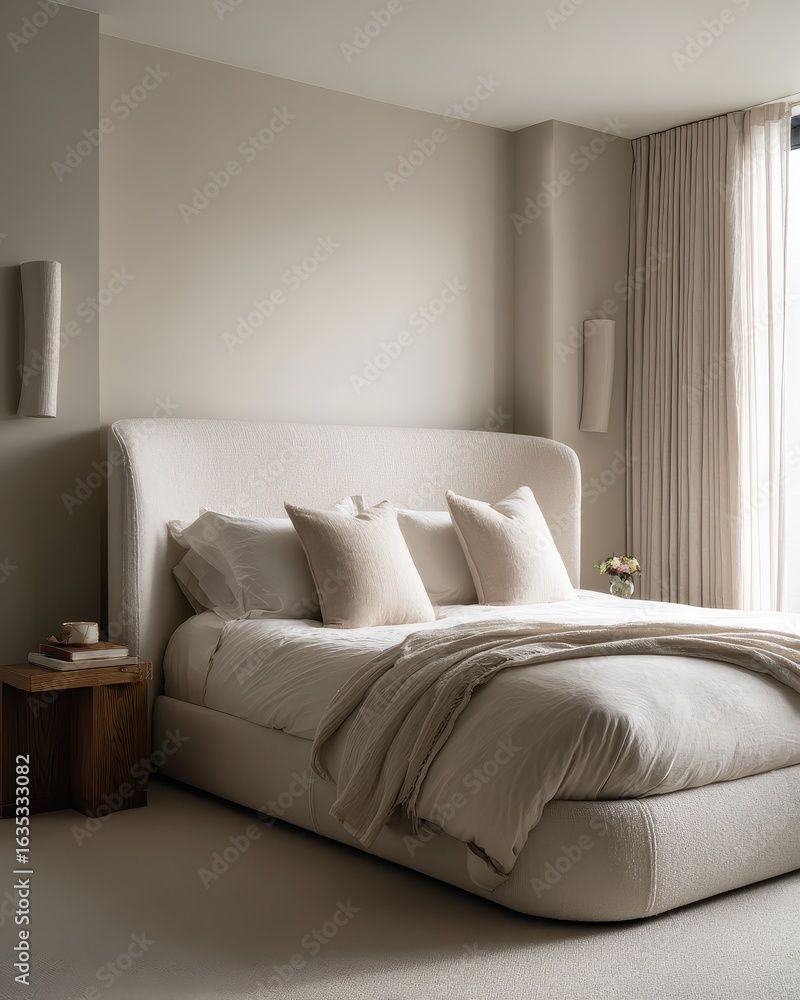 Fototapeta premium A bed with a white comforter and pillows