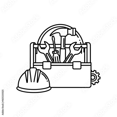 A classic illustration of a toolbox filled with essential tools and a hard hat, symbolizing construction and manual labor.