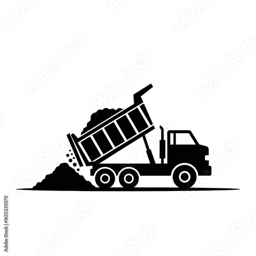A black and white silhouette of a dump truck in the process of unloading its cargo of dirt, illustrating construction and earthmoving operations against a clean white backdrop.