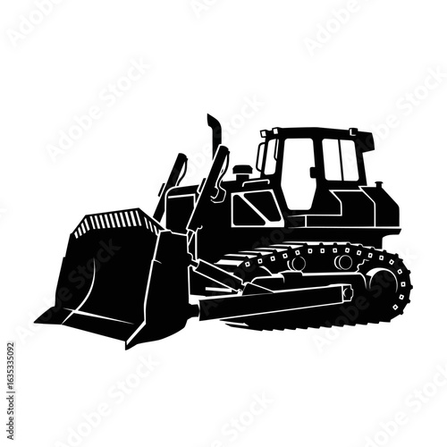 Isolated black vector illustration of a bulldozer, a powerful construction machine, set against a clean white backdrop, perfect for industrial designs.