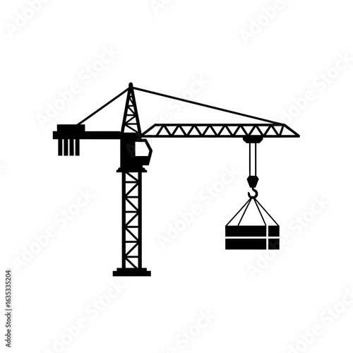 A stark black silhouette of a towering construction crane actively lifting a heavy rectangular load, symbolizing industrial progress and development.