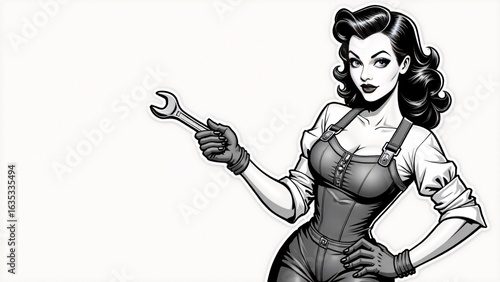 Confident Pin-Up Mechanic Woman with Wrench