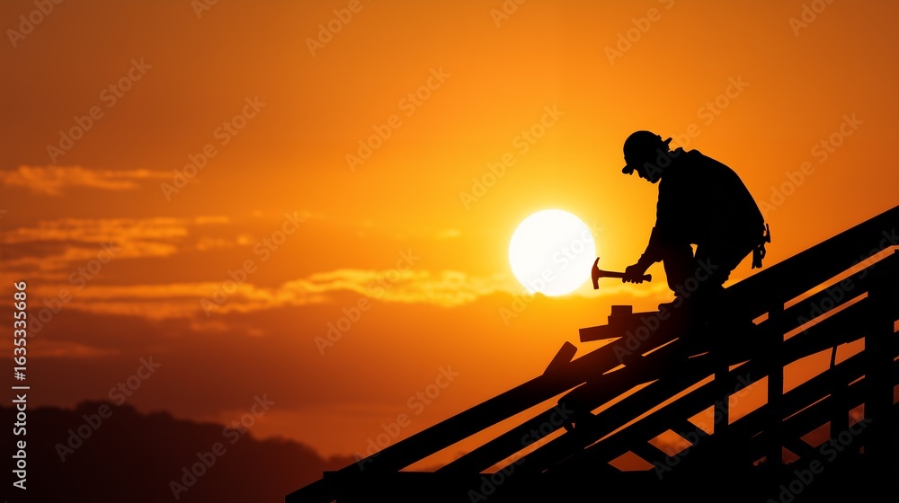 Obraz premium Silhouette of a construction worker hammering on a roof during sunset, with a vibrant orange sky in the background. Concept for home repair, construction industry and skilled labor.