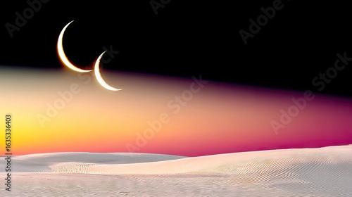 Twilight Desert Landscape with Crescent Moons and Shifting Sand Dunes