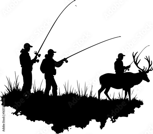 vector illustration of fishing and hunting, fishing, silhouette, fisherman, vector, sport, rod, bow, woman, illustration, archer, person, fish, people, black, arrow, angler, samurai, hobby, leisure, w