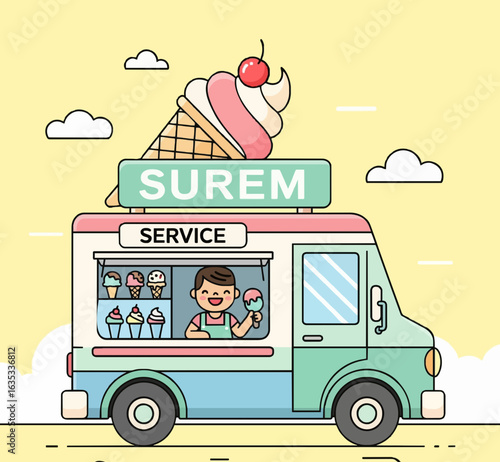 Joyful ice cream vendor serves sweet treats from a charming retro truck, delighting customers on a sunny day with colorful cones and cheerful service.
