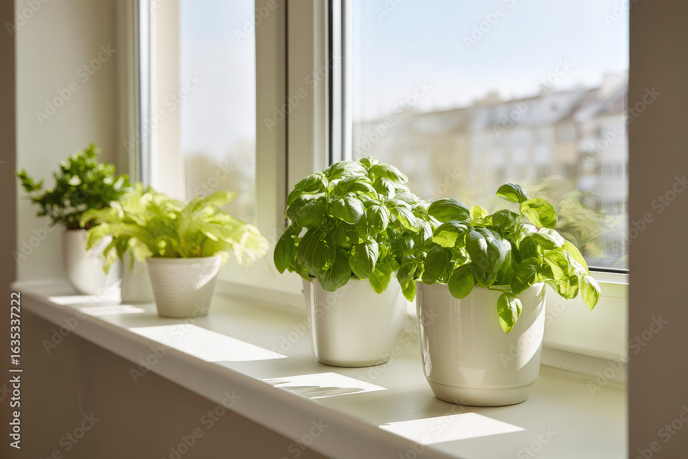 Fototapeta premium bright green plants thrive on light windowsill in minimalist interior design