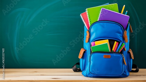 Blue school backpack filled with colorful notebooks and stationery on wooden desk against green chalkboard background
