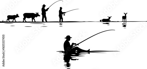 vector illustration of fishing and hunting, fishing, silhouette, fisherman, vector, sport, rod, bow, woman, illustration, archer, person, fish, people, black, arrow, angler, samurai, hobby, leisure, w