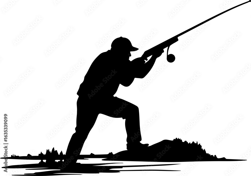 Obraz premium vector illustration of fishing and hunting, fishing, silhouette, fisherman, vector, sport, rod, bow, woman, illustration, archer, person, fish, people, black, arrow, angler, samurai, hobby, leisure, w