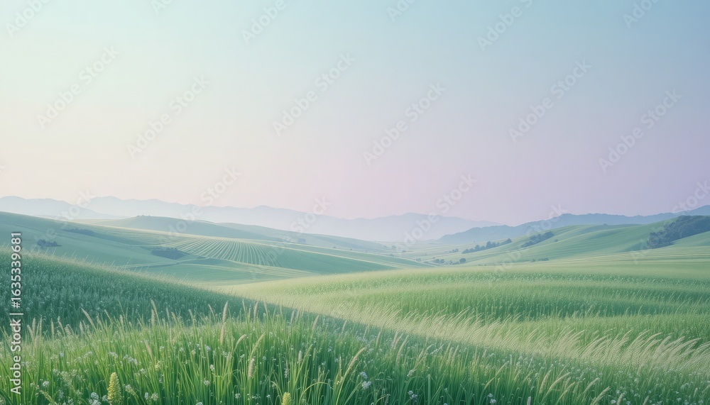 Obraz premium Rolling Green Hills and Fields at Sunrise landscape