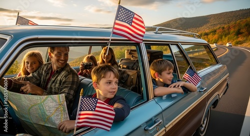Family Road Trip Celebrating Labor Day with American Flags and Scenic Views