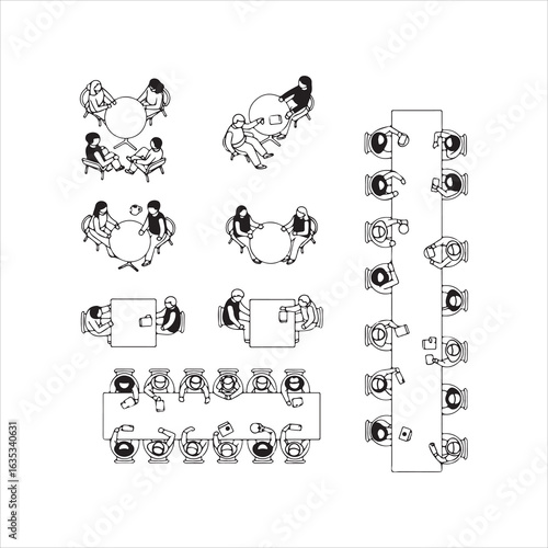 Top down view of diverse meeting and dining table arrangements with people