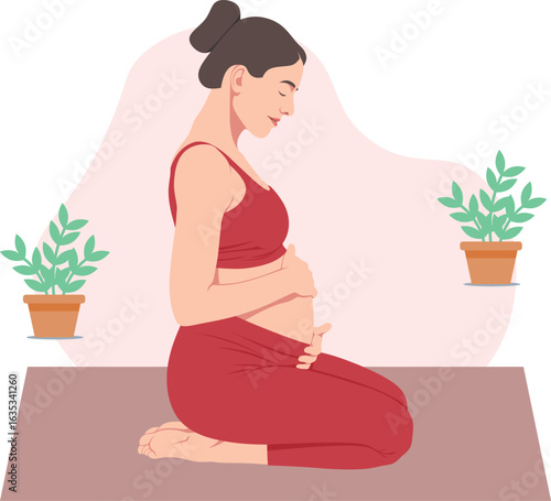Pregnant woman doing yoga on mat