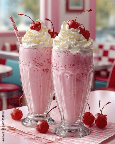 Wallpaper Mural Two strawberry milkshakes with whipped cream and cherries in retro diner setting Torontodigital.ca
