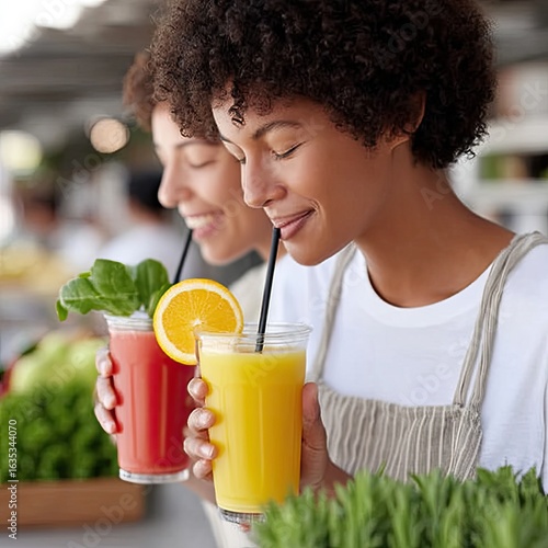 Two Women Enjoying Refreshing Smoothies at an Outdoor Cafe