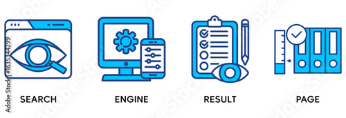 SERP icon set vector illustration concept relate to search engine result page with icon of web search, computer, search engine, mobile search, page result, and statistics graph