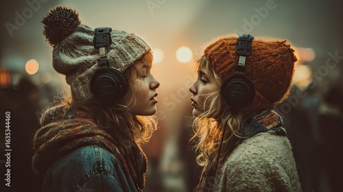 Two Young Women Sharing Headphones Outdoors at Night