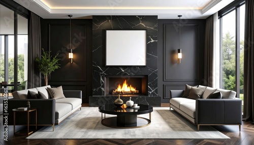 Wallpaper Mural Luxurious Living Room with Marble Fireplace and Modern Sofas Warm Lighting. Torontodigital.ca