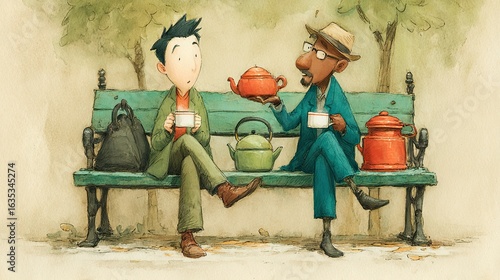 Two Men Enjoying Tea and Coffee on a Park Bench