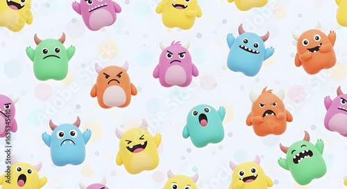 Seamless pattern of cute, colorful cartoon monsters with various expressions on a light background