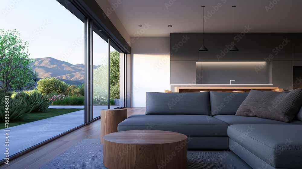 Naklejka premium Modern Living Room with Scenic View and Open Floor Plan