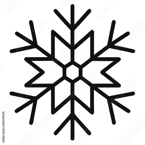 Geometric snowflake icon with clean lines and sharp angles on a black background representing winter